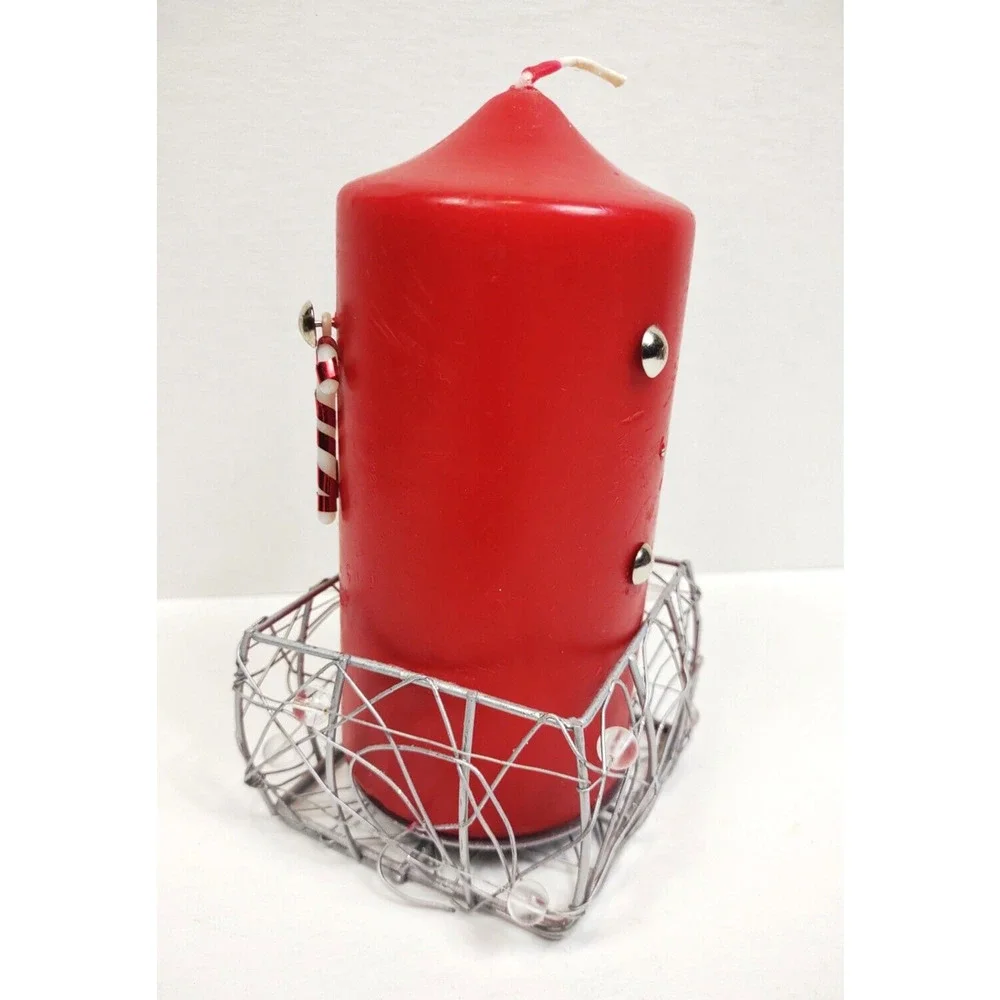 Handmade Christmas Candy Cane Pillar Candle 6oz w Wire Basket Red Holiday